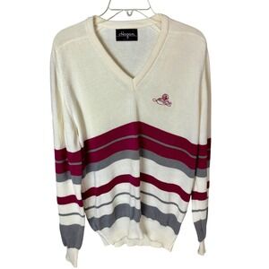 Cute Creamy Colored 90s Cotton Knit V-Neck Horizontal Striped‎ Sweater Medium M